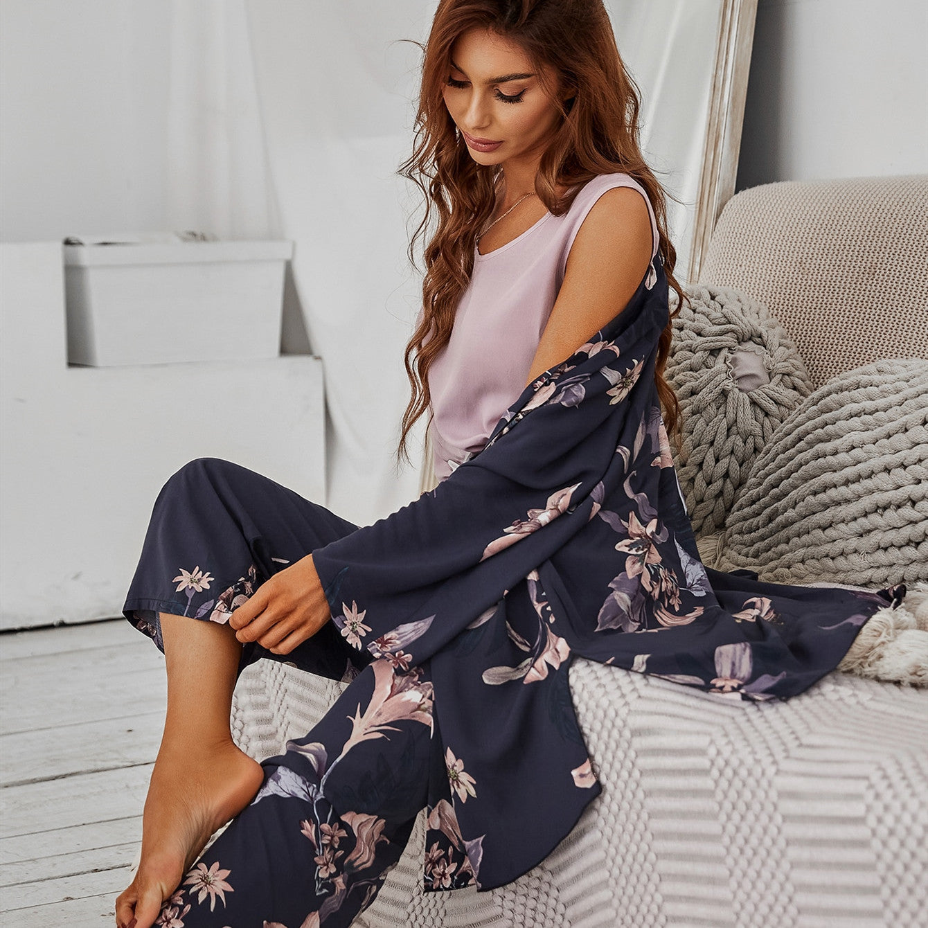 Women Pajamas Set Viscose Floral Printed Female Loose Sleepwear Nightwearar