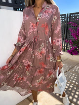 V-neck Long Sleeve Printed Waist-controlled Large Swing Dress