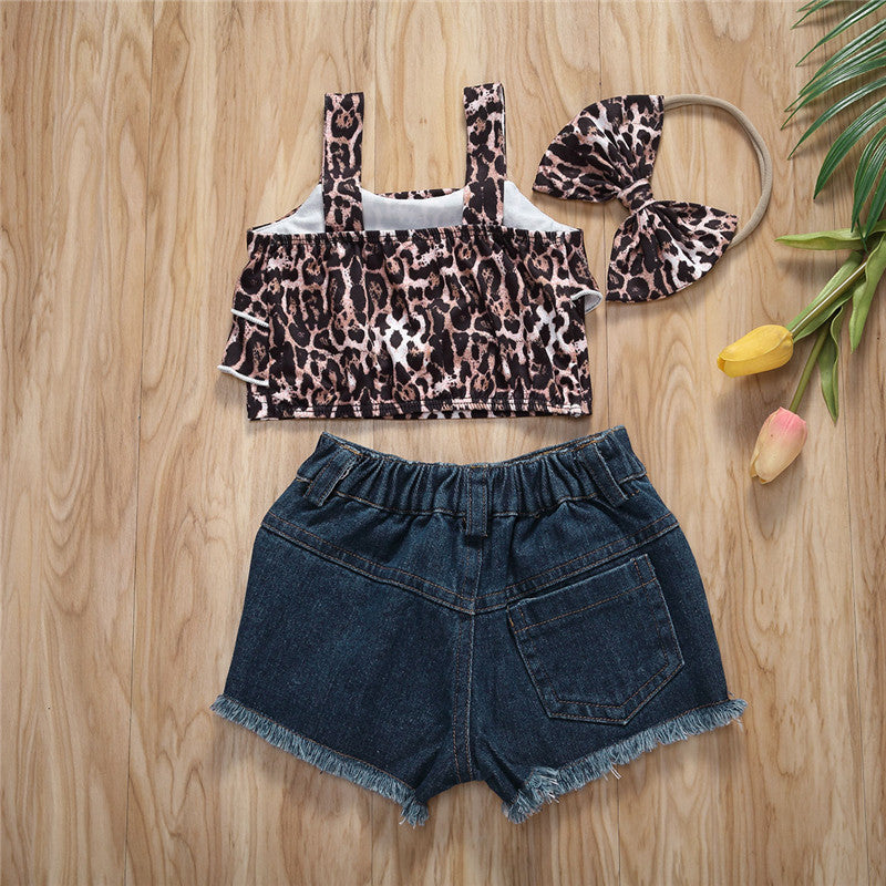 Kids Girls Top Shorts 3Pcs Suit Leopard Short Sleeve