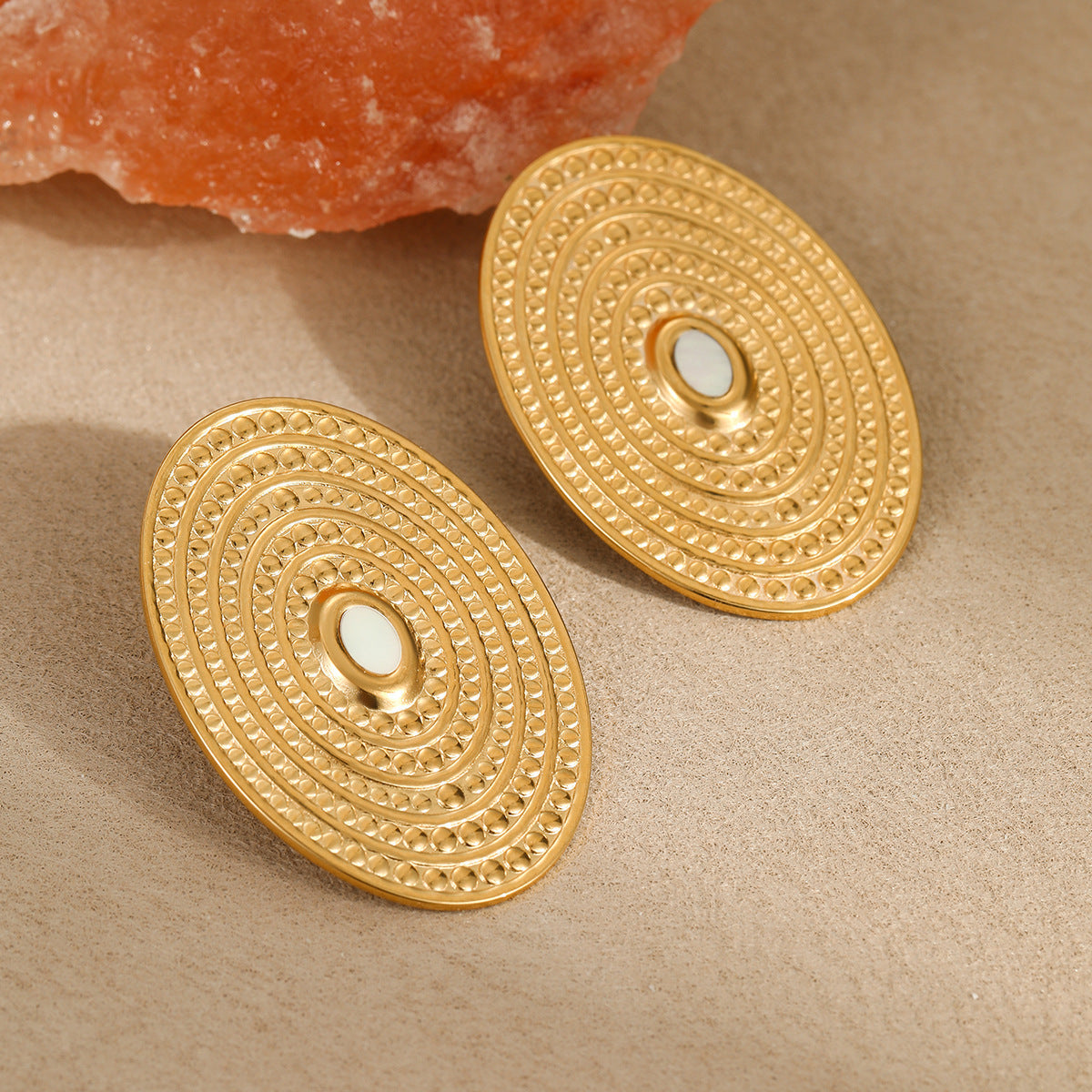 European And American Exaggerated French Oval Spiral Disc Stainless Steel Earrings 18K Gold Plating