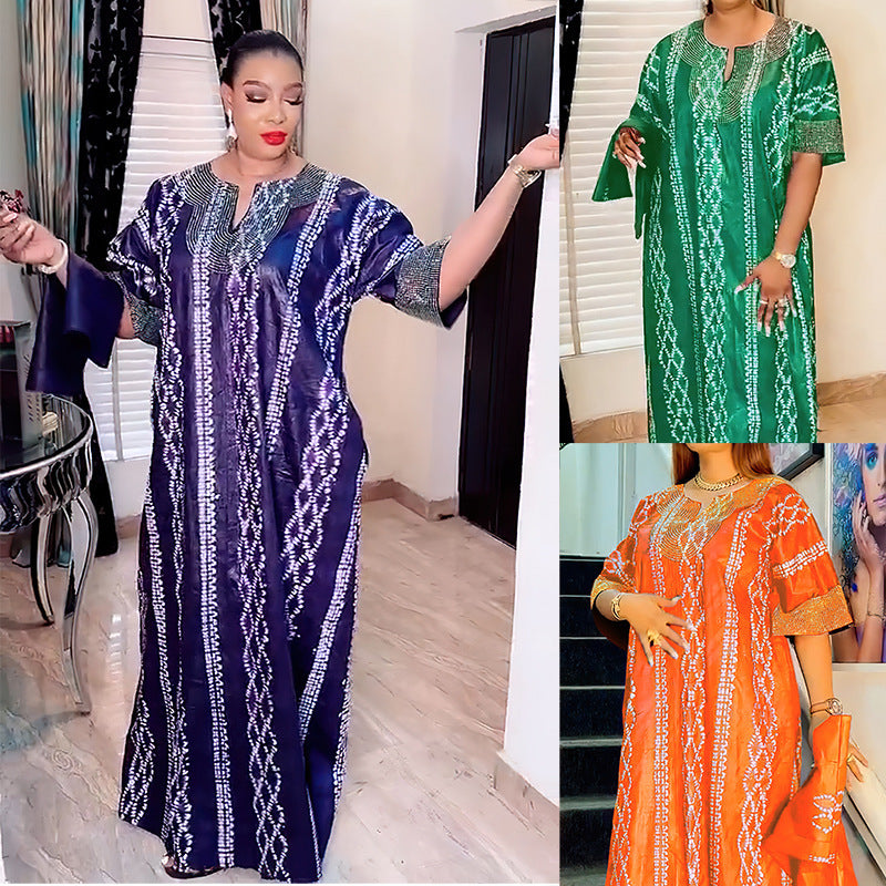 Middle East Striped Loose Robe African Dubai Arabic Satin Hot Drilling Stitching Dress
