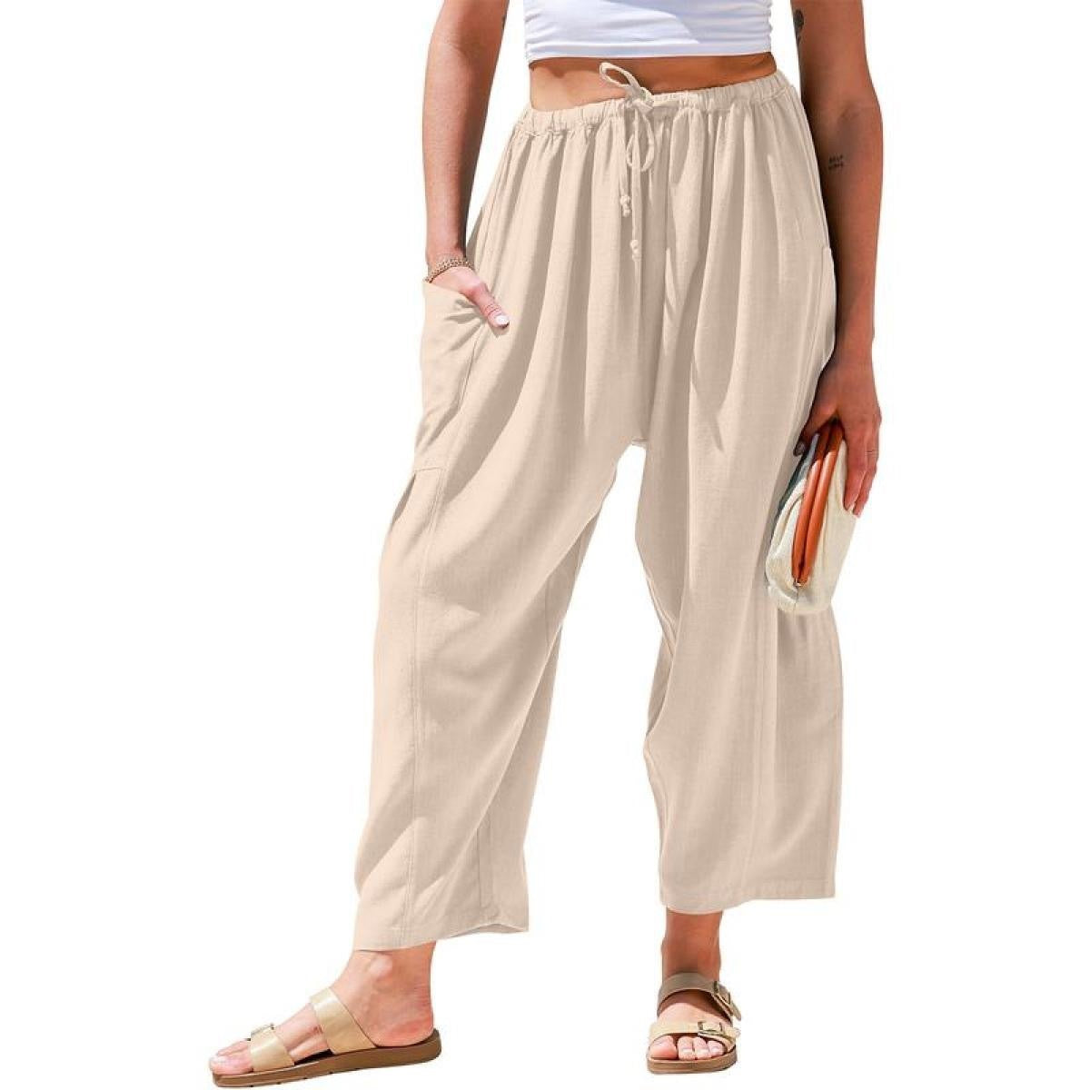 High Waist Wide Leg Loose Harem Cotton And Linen Trousers
