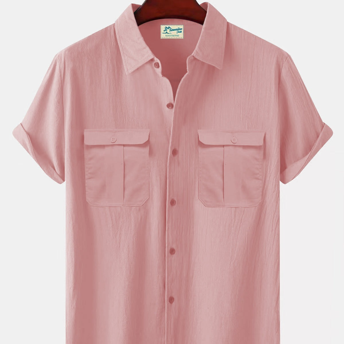 Solid Color Patchwork Linen Cardigan Short Sleeve Loose Lapels Men's Shirt