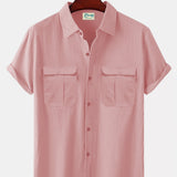 Solid Color Patchwork Linen Cardigan Short Sleeve Loose Lapels Men's Shirt