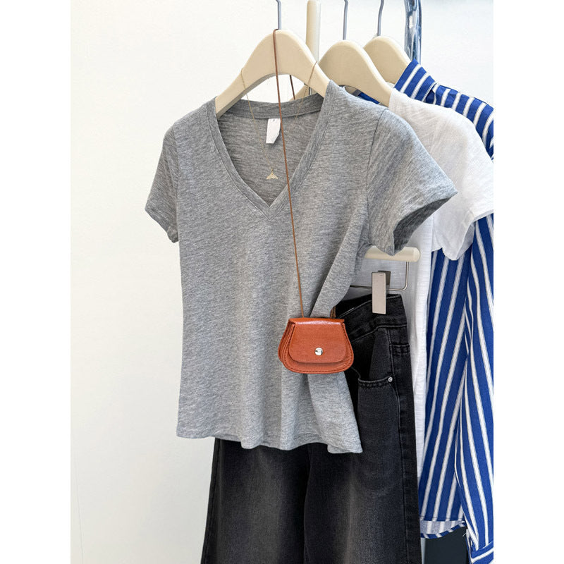 American-style Solid Color Slim-fit V-neck Short-sleeved Top