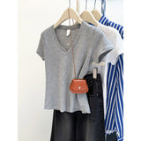 American-style Solid Color Slim-fit V-neck Short-sleeved Top