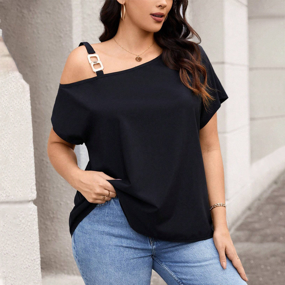 Temperament Single Shoulder Button T-shirt Solid Color Slimming Top