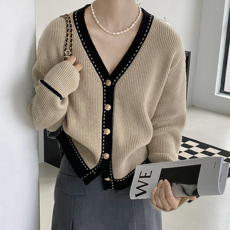 Korean Style Gentle And Comfortable Loose Large V-neck Slimming Bedford Cord Sweater