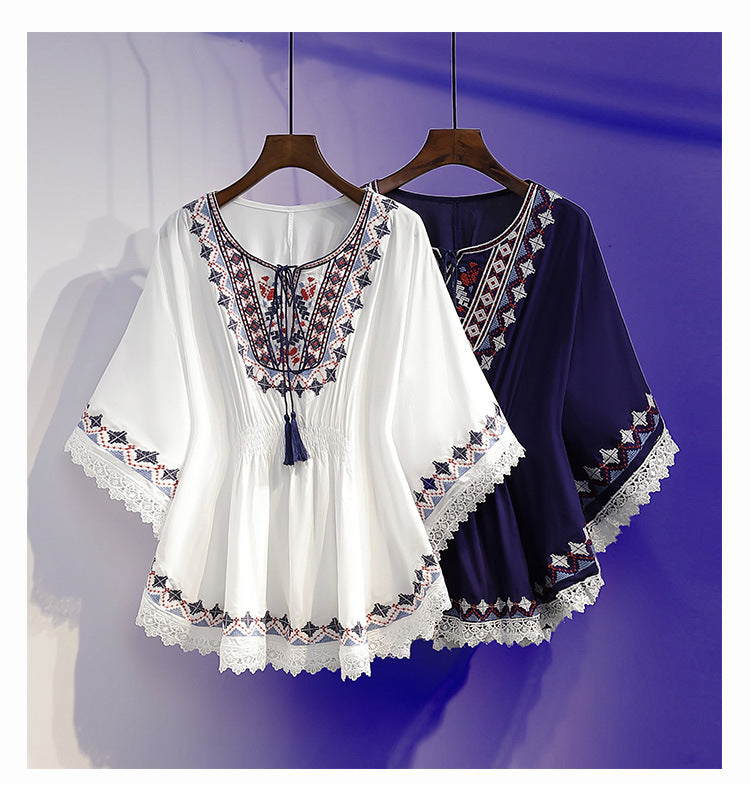 Women's Summer Loose Waist-controlled Top Vintage Printed Chiffon Shirt