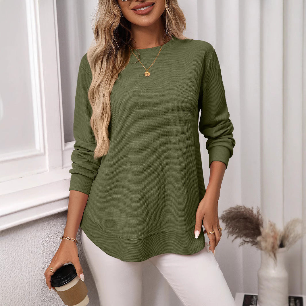 European And American Loose Waffle Casual All-match T-shirt Knitted Long Sleeve
