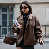 Women's Elegant Suit Collar Loose Leather Coat