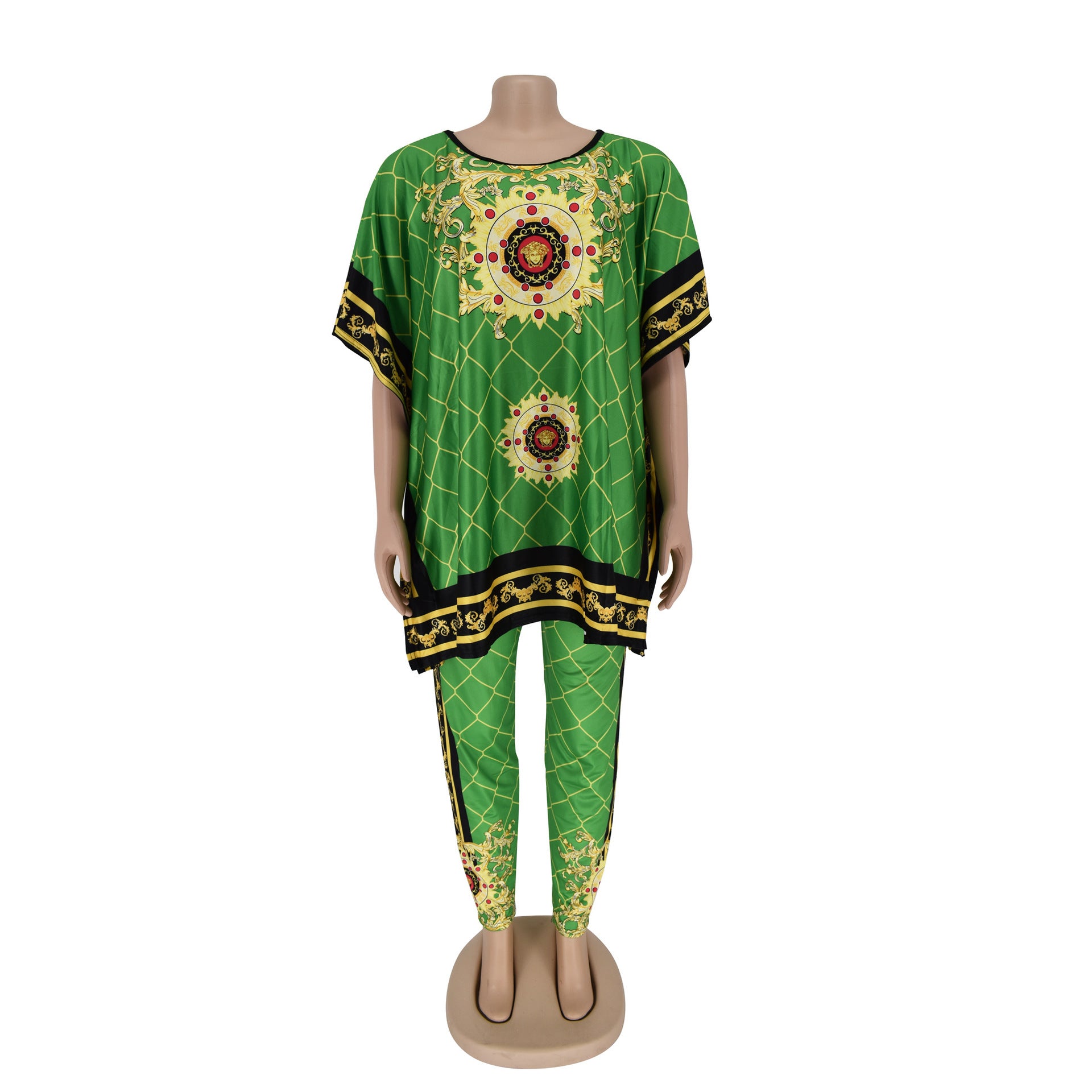 African Plus Size Women's Printed Round Neck Pullover Sweater Stretch Pants Suit