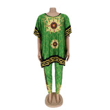 African Plus Size Women's Printed Round Neck Pullover Sweater Stretch Pants Suit