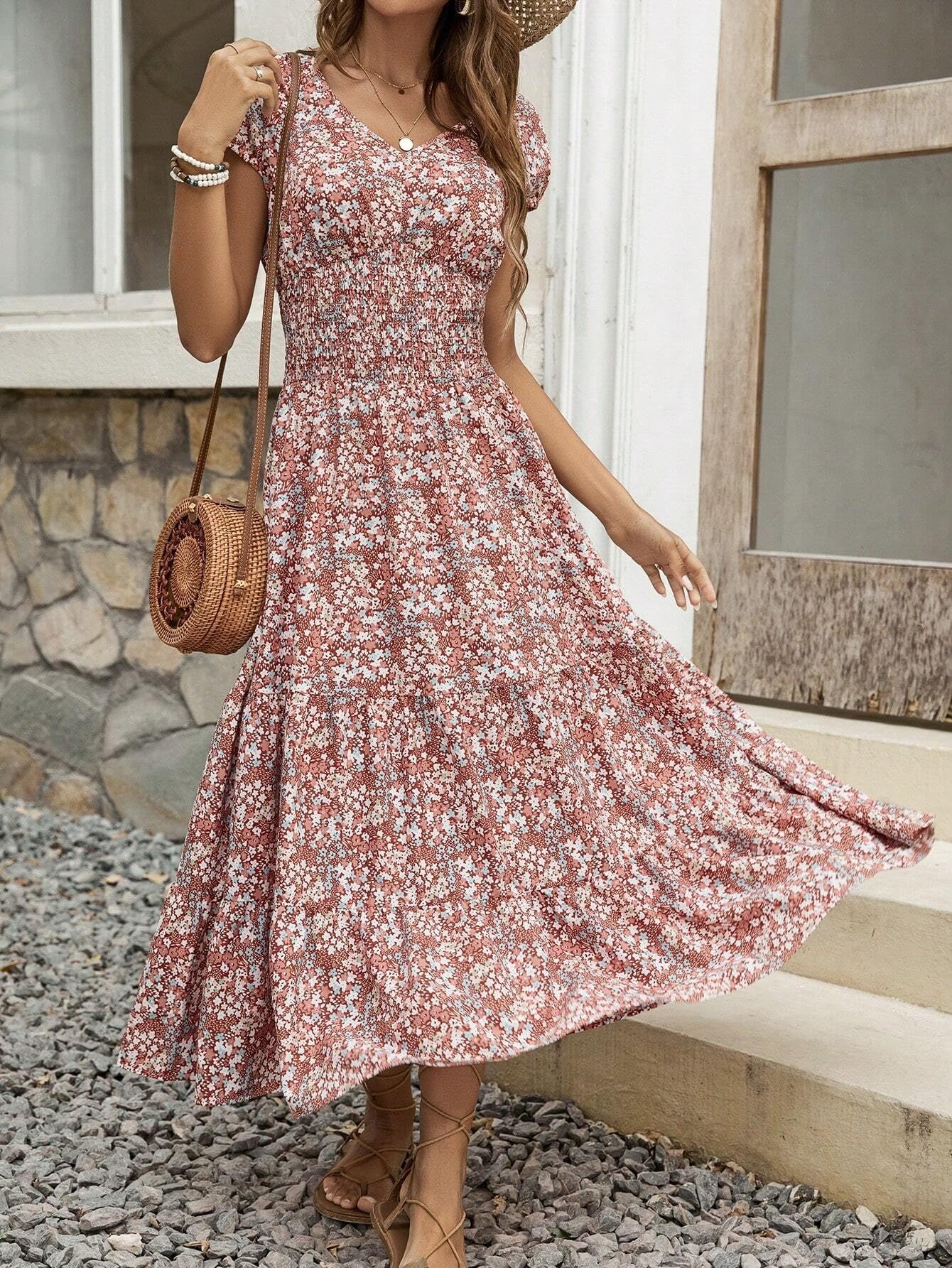 Blossom Chic V-Neck Floral Dress For Women - Soft, Breathable Polyester, Machine Washable, Easy Care, Perfect For Spring, Summer, And Fall Occasions, Everyday Wear, And Outdoor Activities