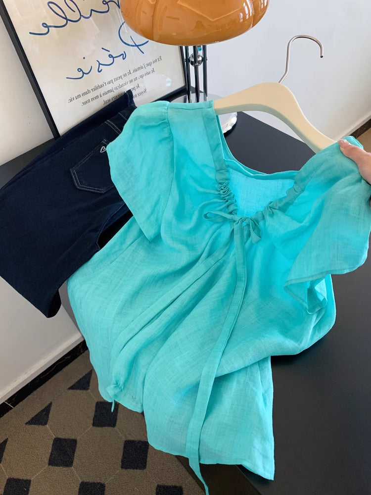 Ramie Blue V-neck Shoulder Short-sleeved Shirt Women's Unique Beautiful Top Light Luxury High-end