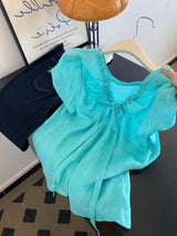 Ramie Blue V-neck Shoulder Short-sleeved Shirt Women's Unique Beautiful Top Light Luxury High-end