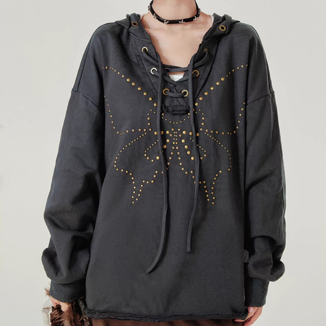 Retro Hooded Sweater Women's Rivet Lace-up V-neck Loose Top