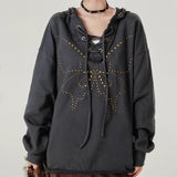 Retro Hooded Sweater Women's Rivet Lace-up V-neck Loose Top