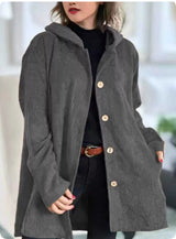 Women's Corduroy Hooded Jacket Fashion Warm Pockets Button Mid-length Top Casual Fall Winter Outwear Clothing