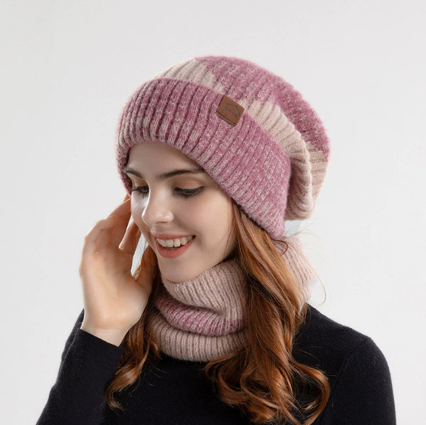 2pcs Knitted Hat Suit With Scarf Winter Two-color Hat And Thick Warm Earflaps Wool Scarf