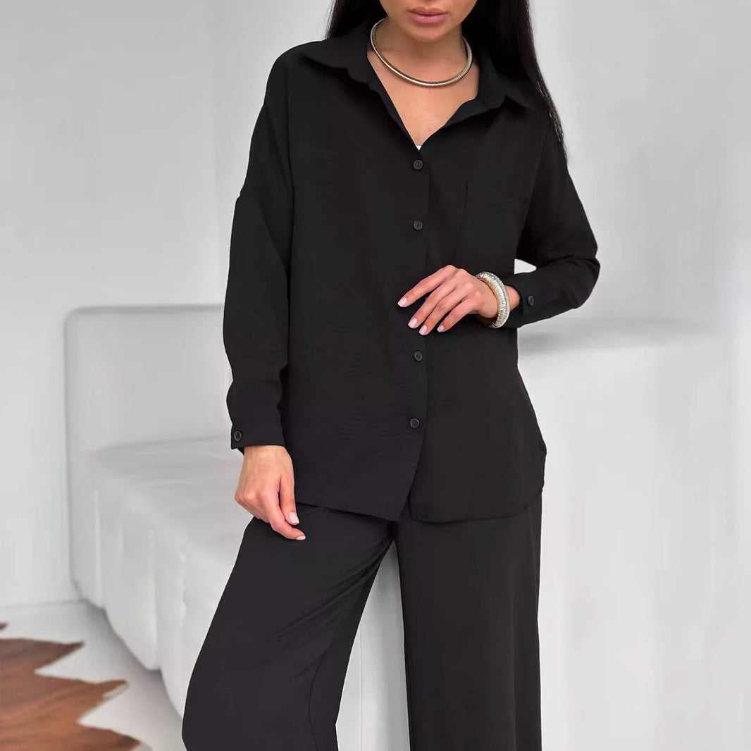 Women's Solid Color Cardigan Pocket Casual Wide-leg Trousers Suit