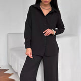 Women's Solid Color Cardigan Pocket Casual Wide-leg Trousers Suit