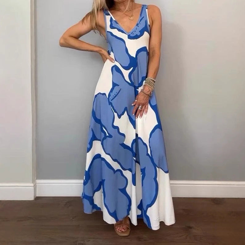 Casual Loose-fitting Women's V-neck Print Dress