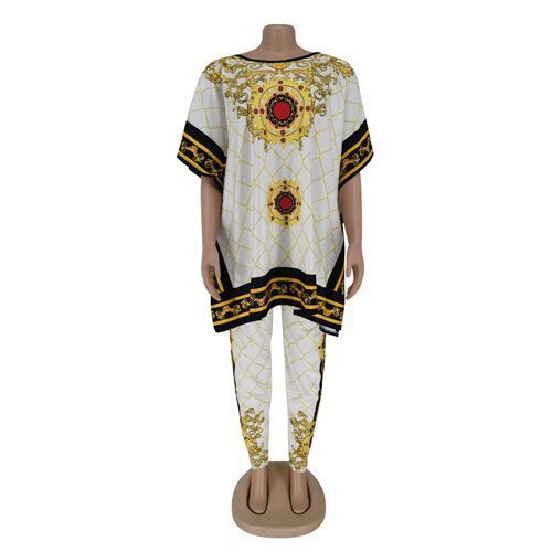 African Plus Size Women's Printed Round Neck Pullover Sweater Stretch Pants Suit