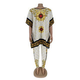 African Plus Size Women's Printed Round Neck Pullover Sweater Stretch Pants Suit