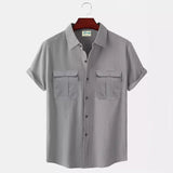 Solid Color Patchwork Linen Cardigan Short Sleeve Loose Lapels Men's Shirt