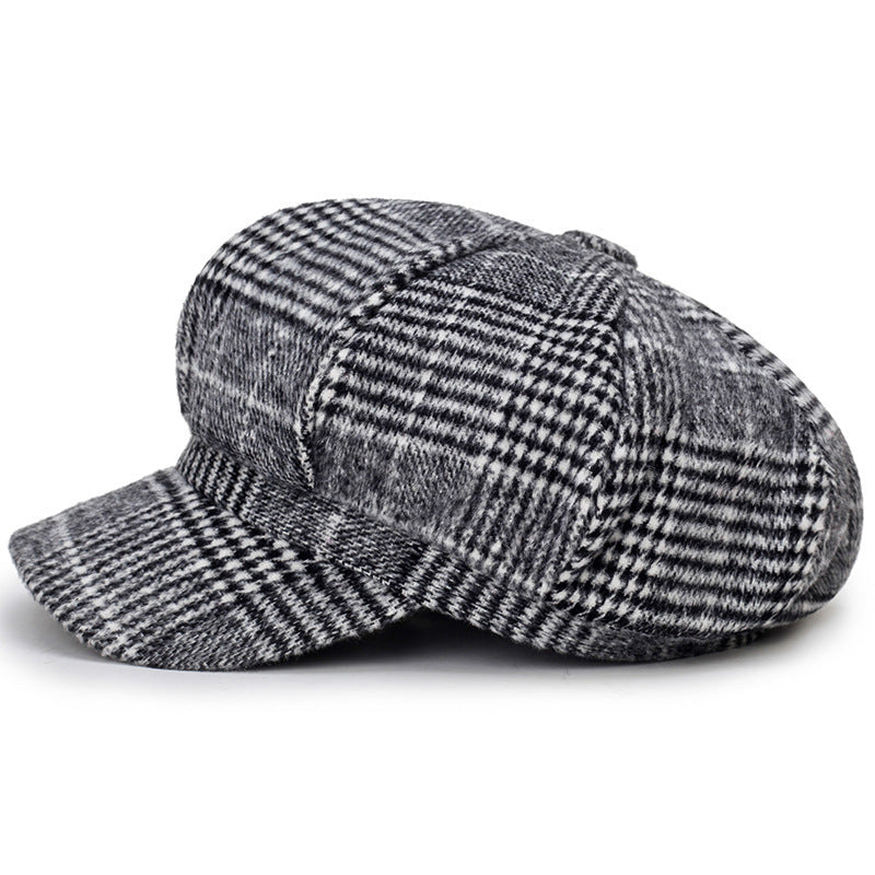 Ladies Casual Fashion Woolen Plaid Newsboy Hat