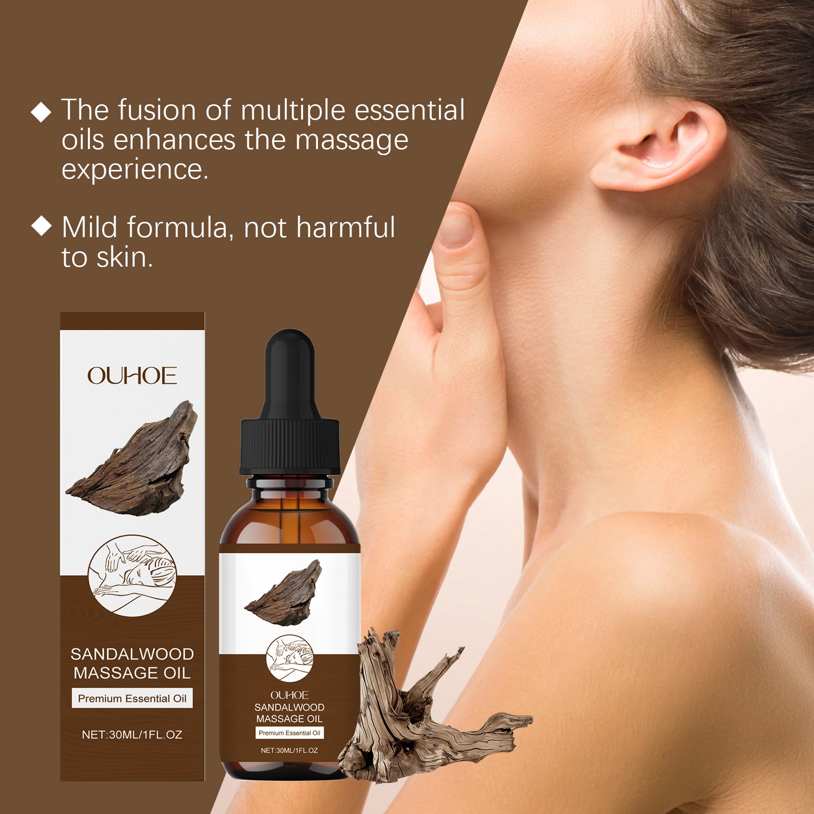 OUHOE Sandalwood Massage Essential Oil, Gently Moisturizes Whole Body Skin Daily Body Care Massage Sandalwood Essential Oil