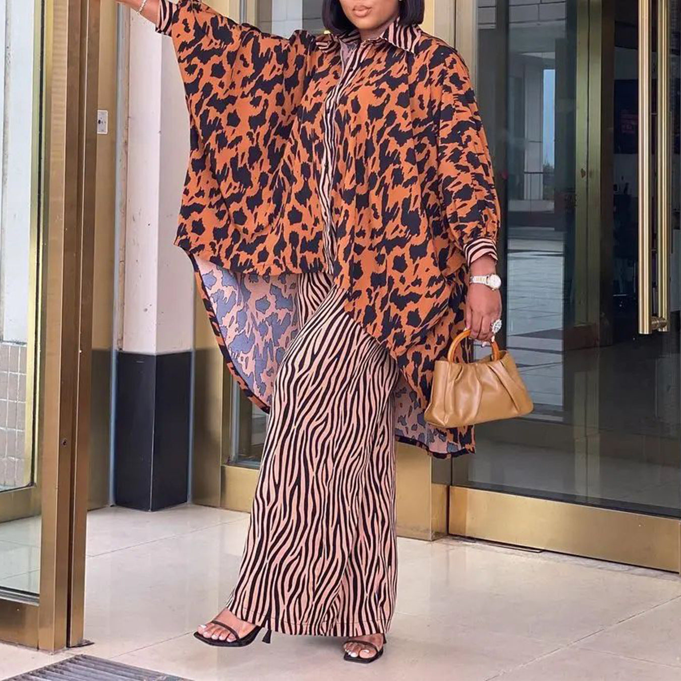 Printed Style Shirt Wide Leg Pants Two-piece Set African Suit