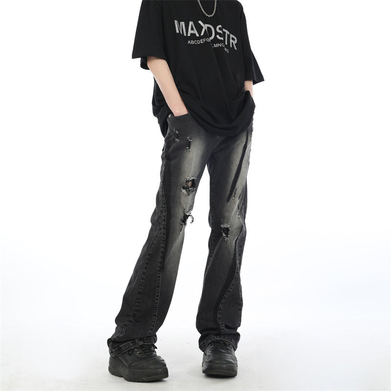 Contrast Color Spray Printing Ripped Jeans Men Loose Straight Trousers