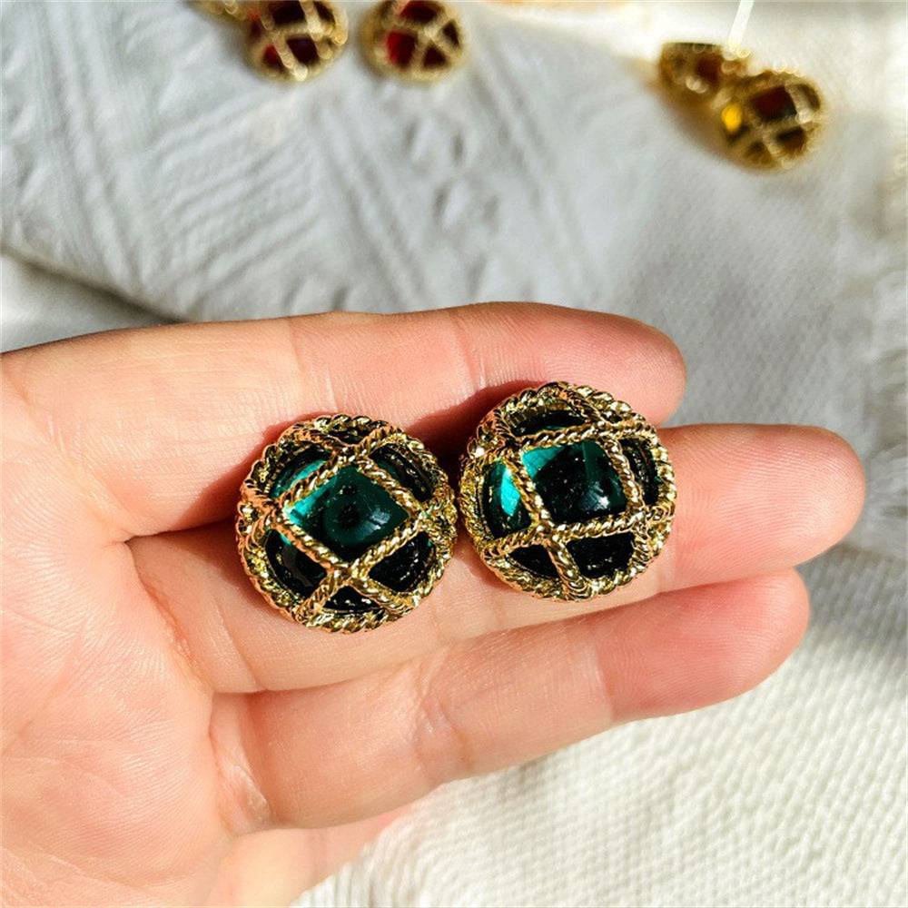 Diamond Plaid Silver Stud Earrings Mid-ancient Round New Chinese Alloy Simple Electroplated DIY Earrings