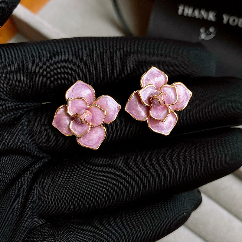 Gold Plated Silver Needle Purple Oil-spot Glaze Flowers Stud Earrings
