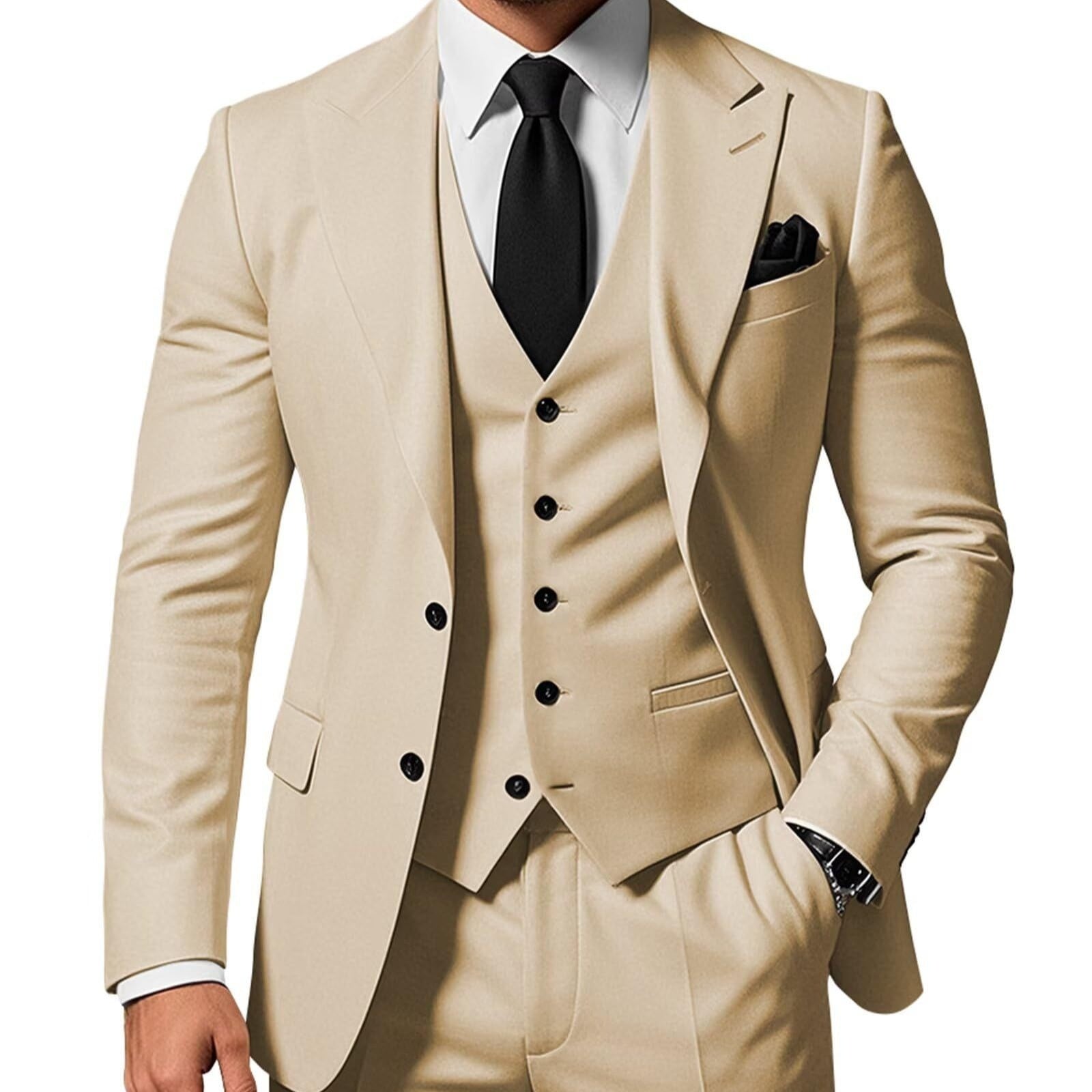 Men's Solid Color 2-piece Buckle Casual Jacket Vest Pants Set