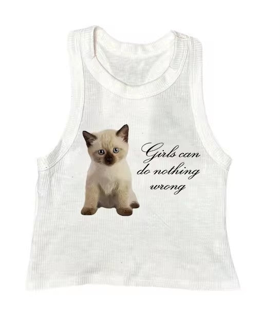 Cute Cat Letter Print Vest Sling Girl Slim Fit