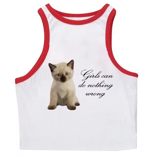 Cute Cat Letter Print Vest Sling Girl Slim Fit