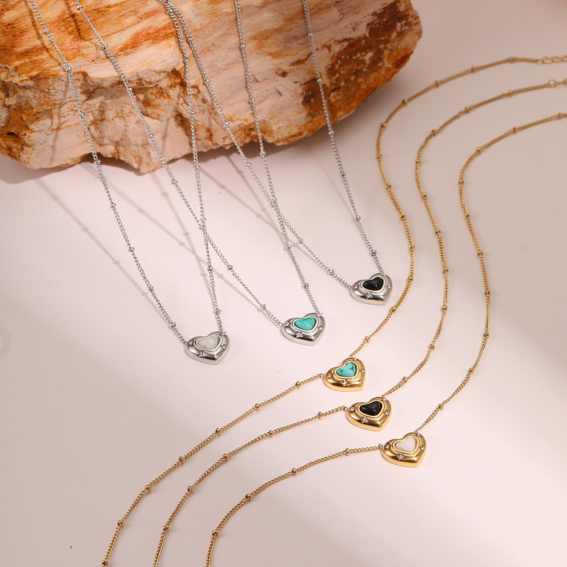 Fashion Design Love Heart-shaped Natural Stone Pendant Titanium Steel Necklace Ins