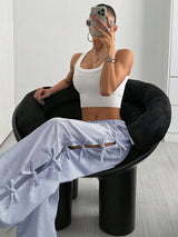 Waist Side Tie Bow Striped Wide Leg Pants