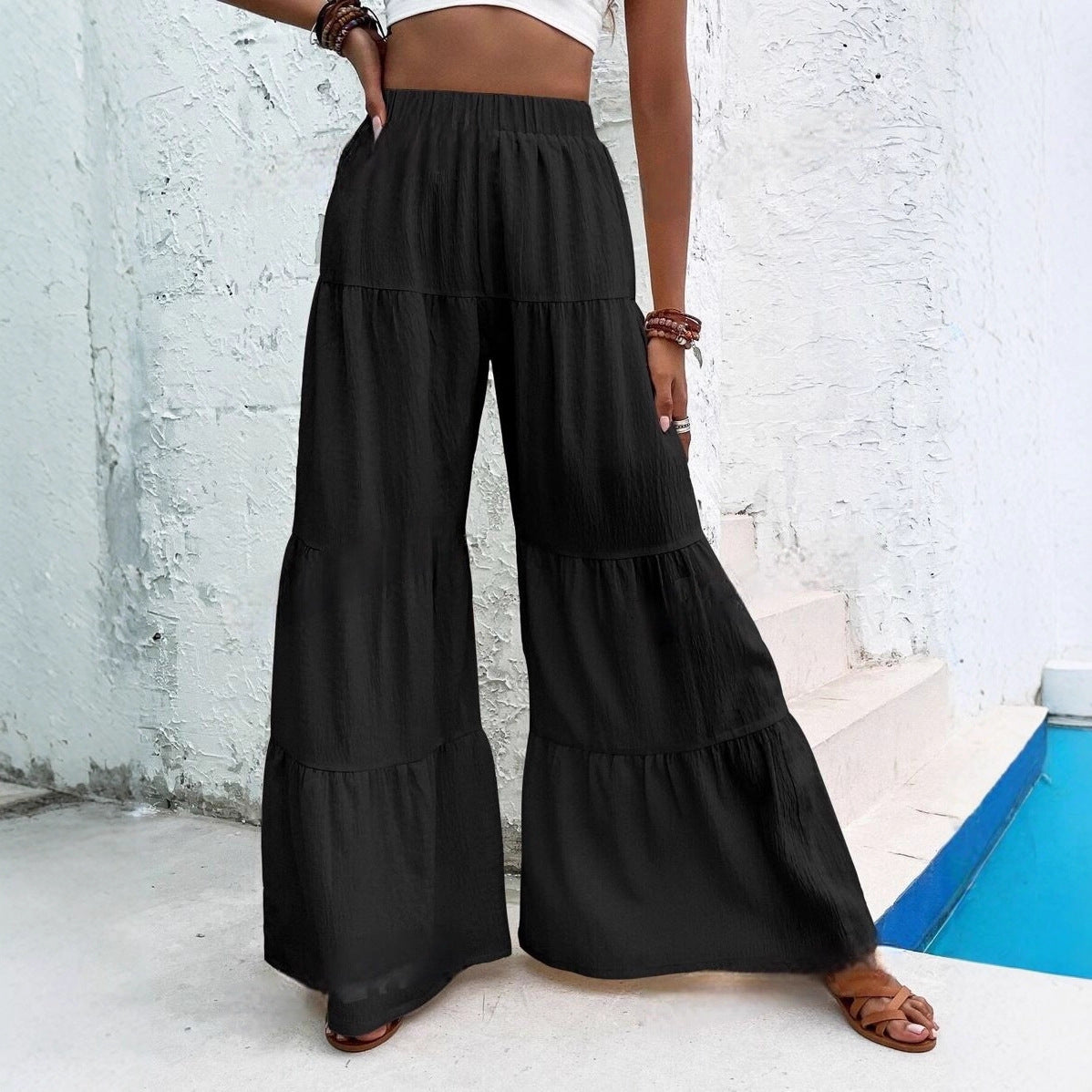 Pleated Elastic Waist Pants Female Wide-leg Casual Pants
