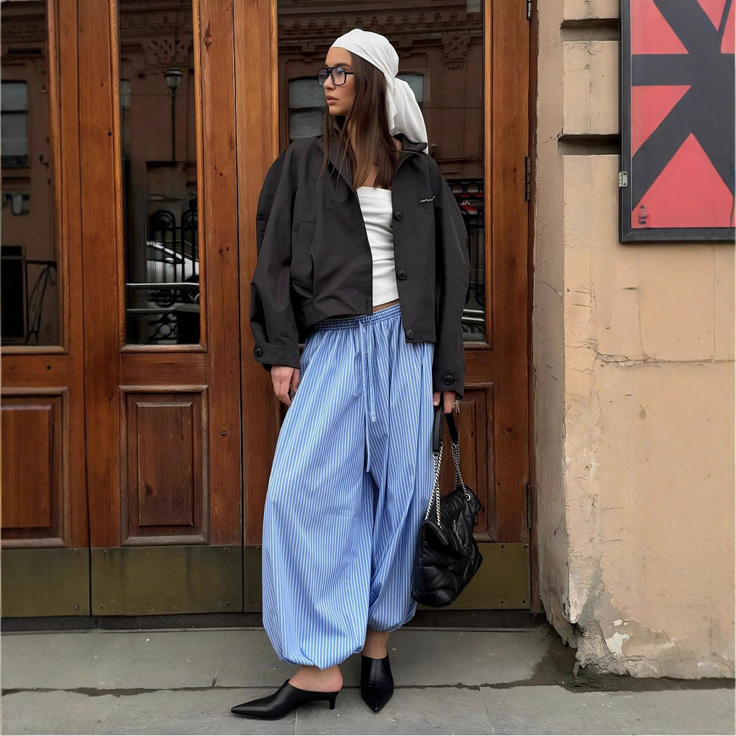 Elastic Waist Striped Loose Lantern Trousers