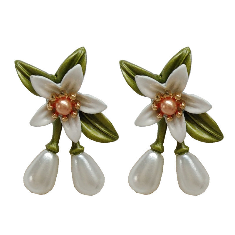 Sterling Silver Needle Camellia Earrings Beautiful Personality Contrast Color