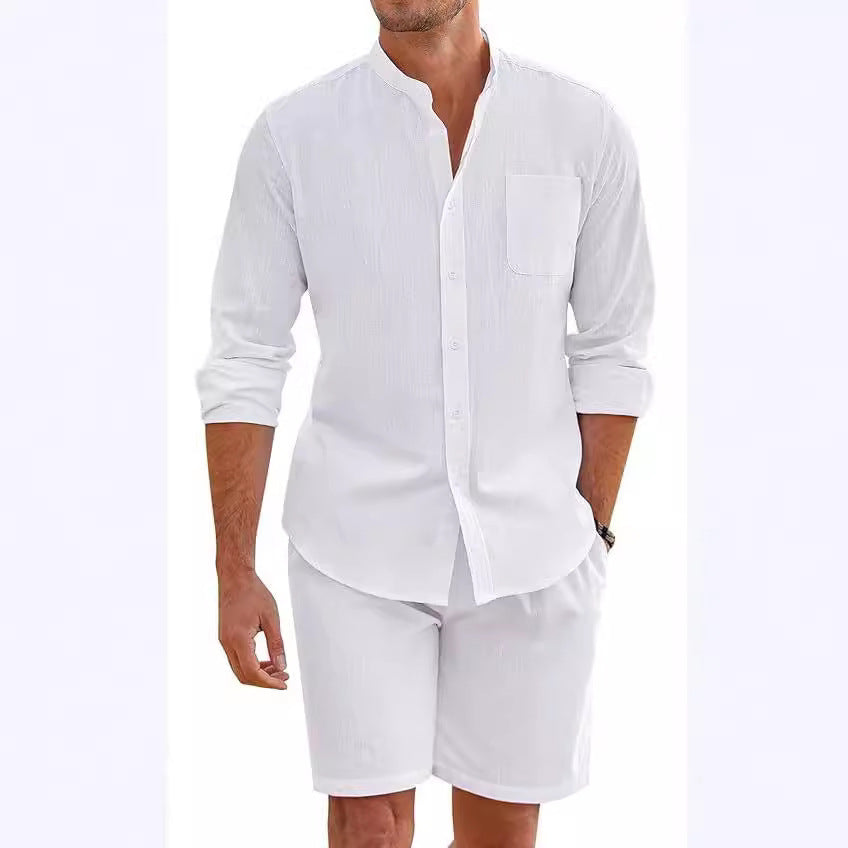 Men's Cotton Linen Comfortable Long Sleeve Shirt Shorts Suit