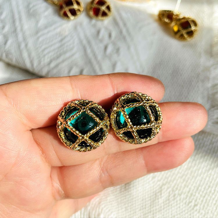 Diamond Plaid Silver Stud Earrings Mid-ancient Round New Chinese Alloy Simple Electroplated DIY Earrings