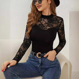 Fashion Lace Stitching Long-sleeved Small Stand Collar Pullover Base T-shirt