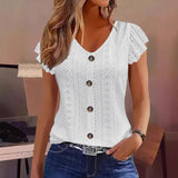 Solid Color Jacquard V-neck Buttons Long Sleeve T-shirt