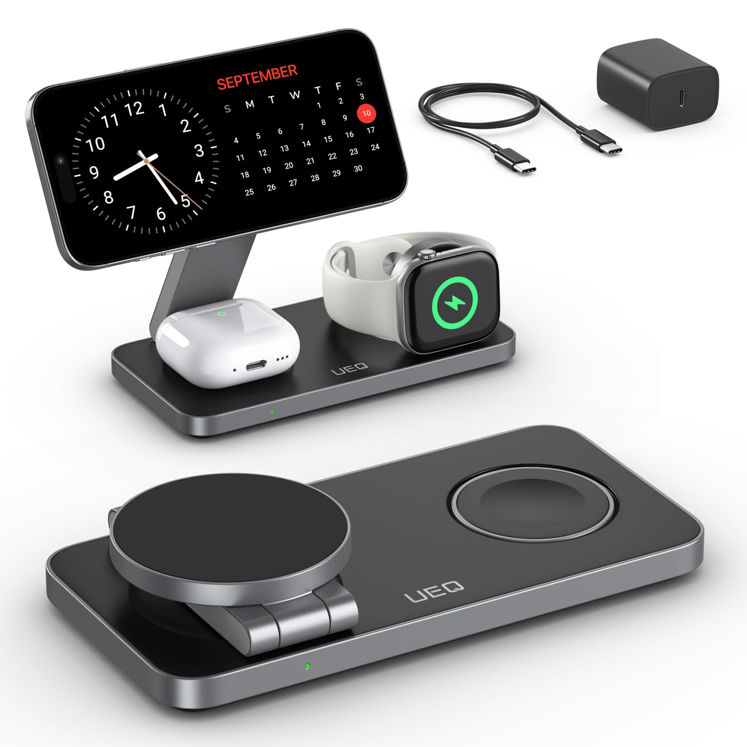 Foldable 3 in 1 Wireless Charging Station for Apple Magsafe Charger Stand,Fast Magnetic Wireless Charger Station for iPhone 17 Air 16 15 14 13 12 Series,Airpods Pro,Apple Watch Ultra (Pure Black)