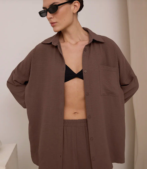 Women's Solid Color Cardigan Pocket Casual Wide-leg Trousers Suit